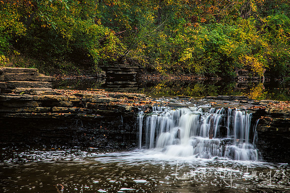 Fall leaves suround waterfall at Waterfall Glen Forest Preserve,