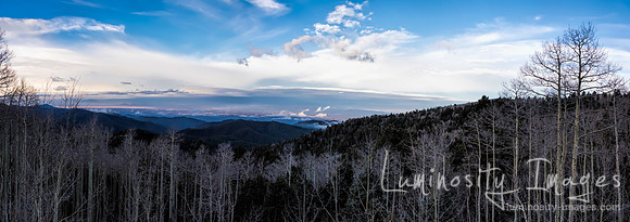 Stunning sunrise panorama of aspen mountain vista. Santa Fe Ski