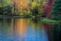 Morning colorful light reflections of fall leaves on lake. WI