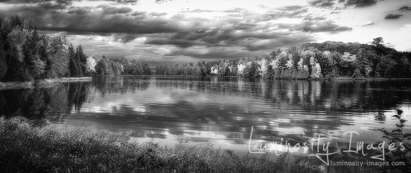 Panorama of autumn sunset on northern wisconsin lake.
